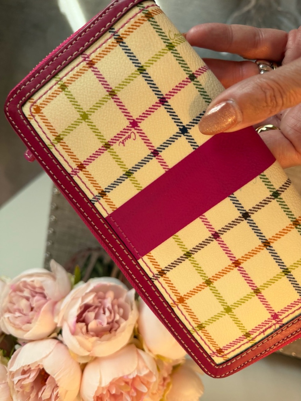 Coach Poppy Pink Plaid Zip-Around Wallet with Multicolor Checked Pattern - Picture 11 of 15